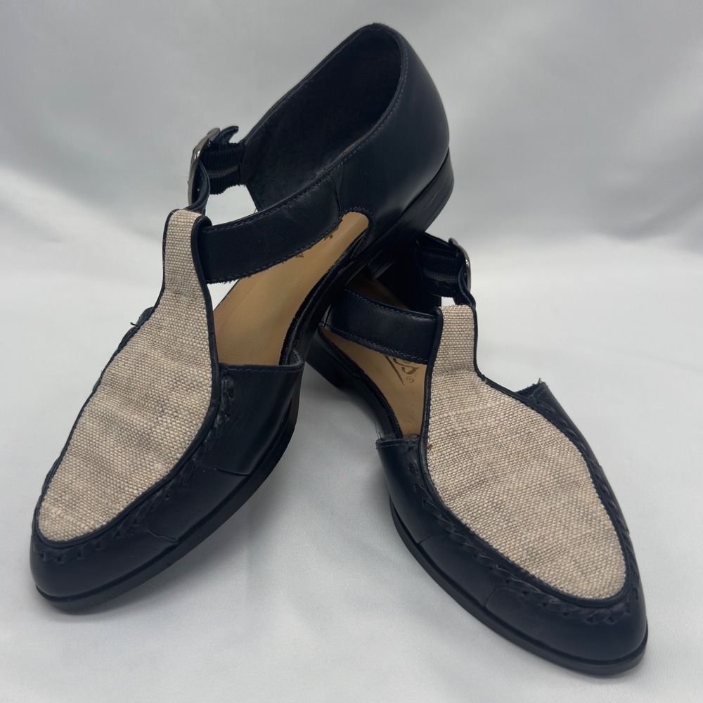 Westies T-Strap Flats Womens 8M Navy Blue Leather Linen Vintage Excellent Brazil